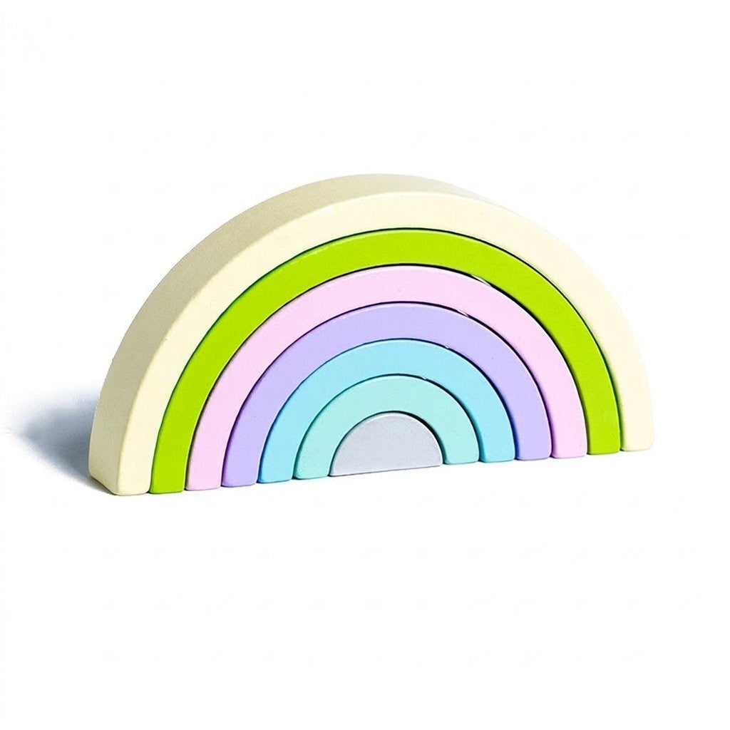 Petit arc-en-ciel empilable en bois, tons pastel