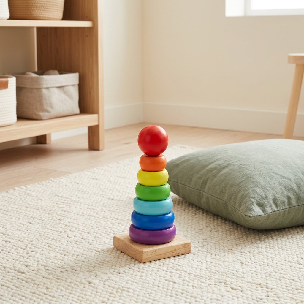 Tour à empiler posé sur un tapis crème