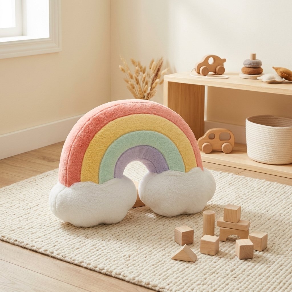 Coussin arc-en-ciel corail sur un tapis de jeu Image