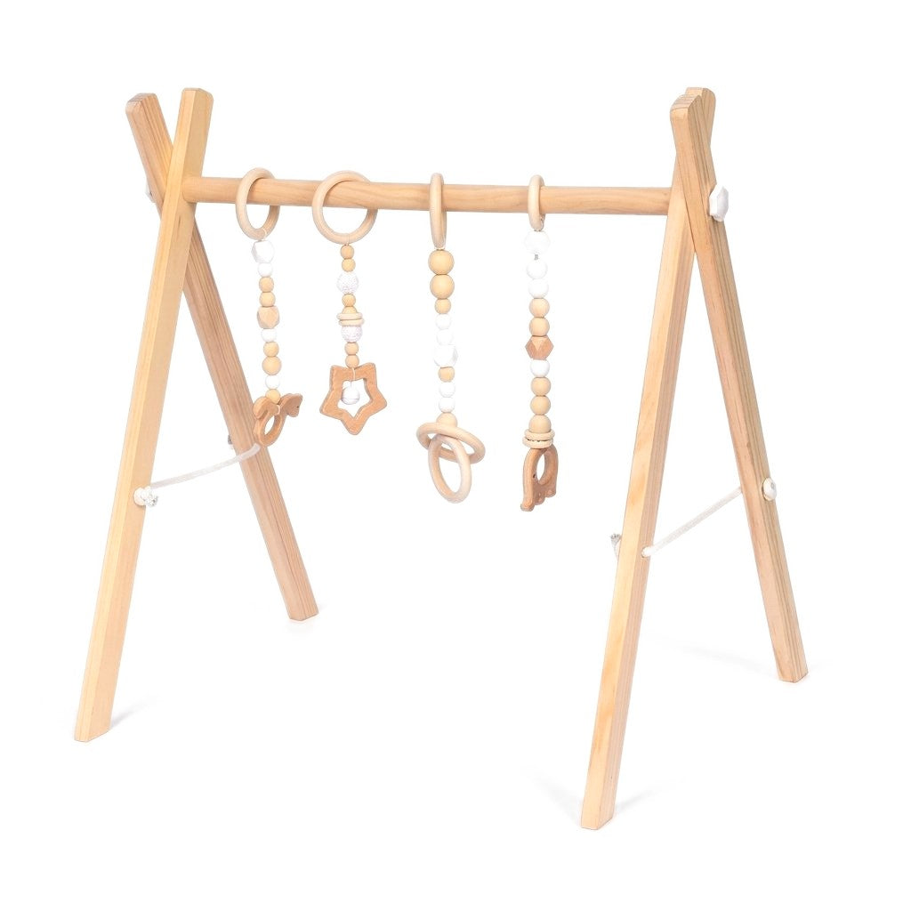 Arche d'éveil en bois naturel avec quatre suspensions en perles de bois