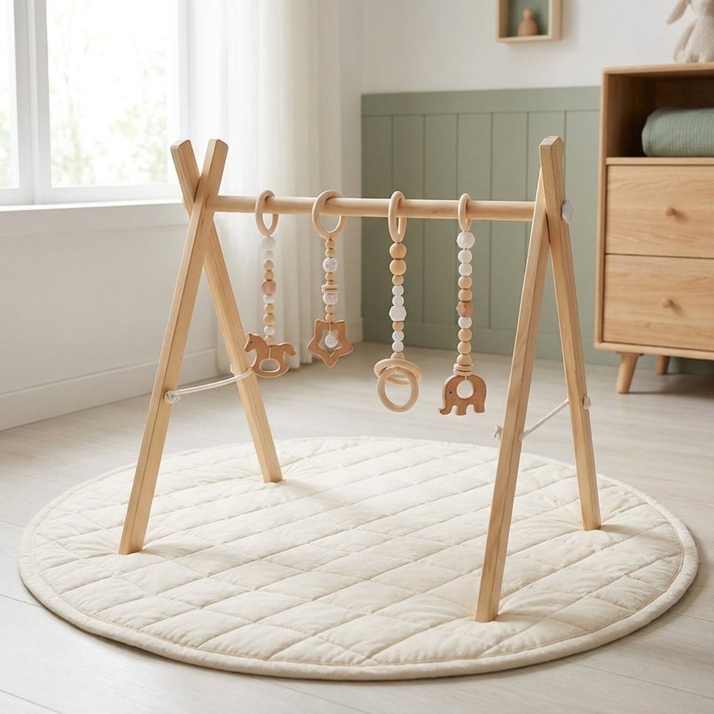 Arche d'éveil en bois sur un tapis rond matelassé Image