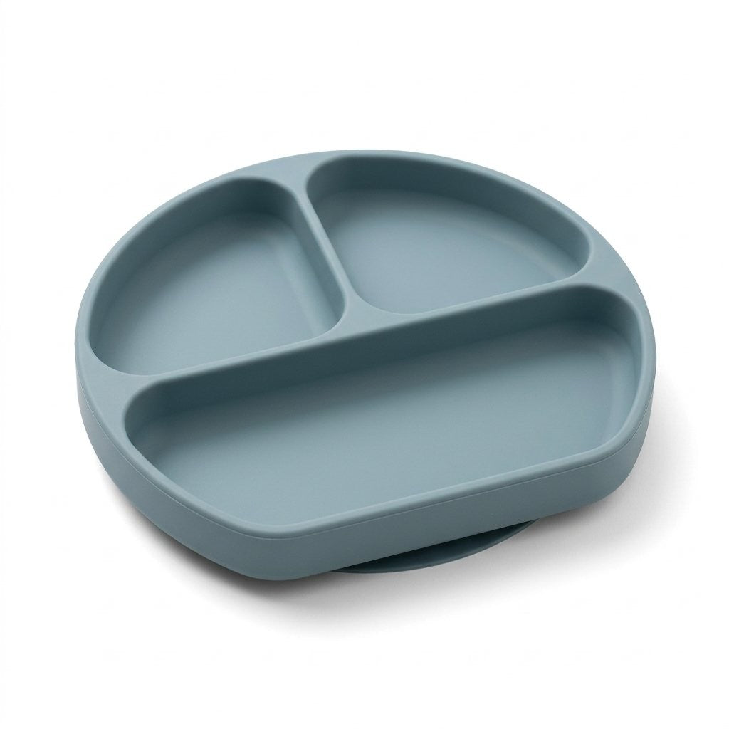 Assiette ventouse bébé en silicone bleu gris à trois compartiments