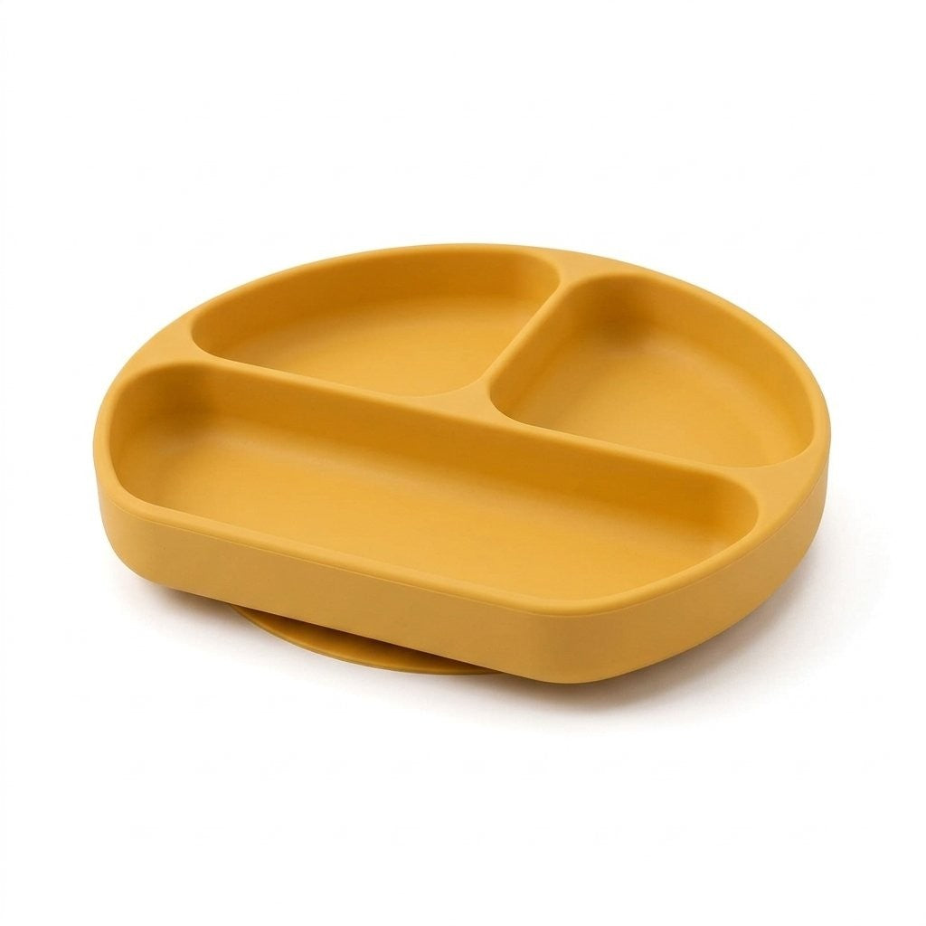 Assiette ventouse bébé en silicone moutarde à trois compartiments