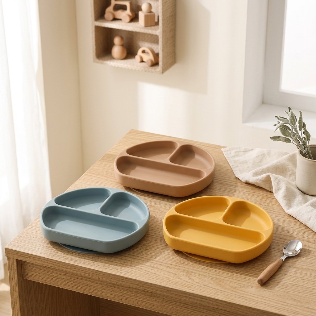 Trois assiettes ventouse en silicone caramel, bleu gris et moutarde Image