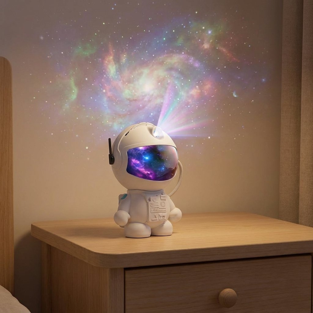 Galaxie projetée sur le mur depuis une table de nuit