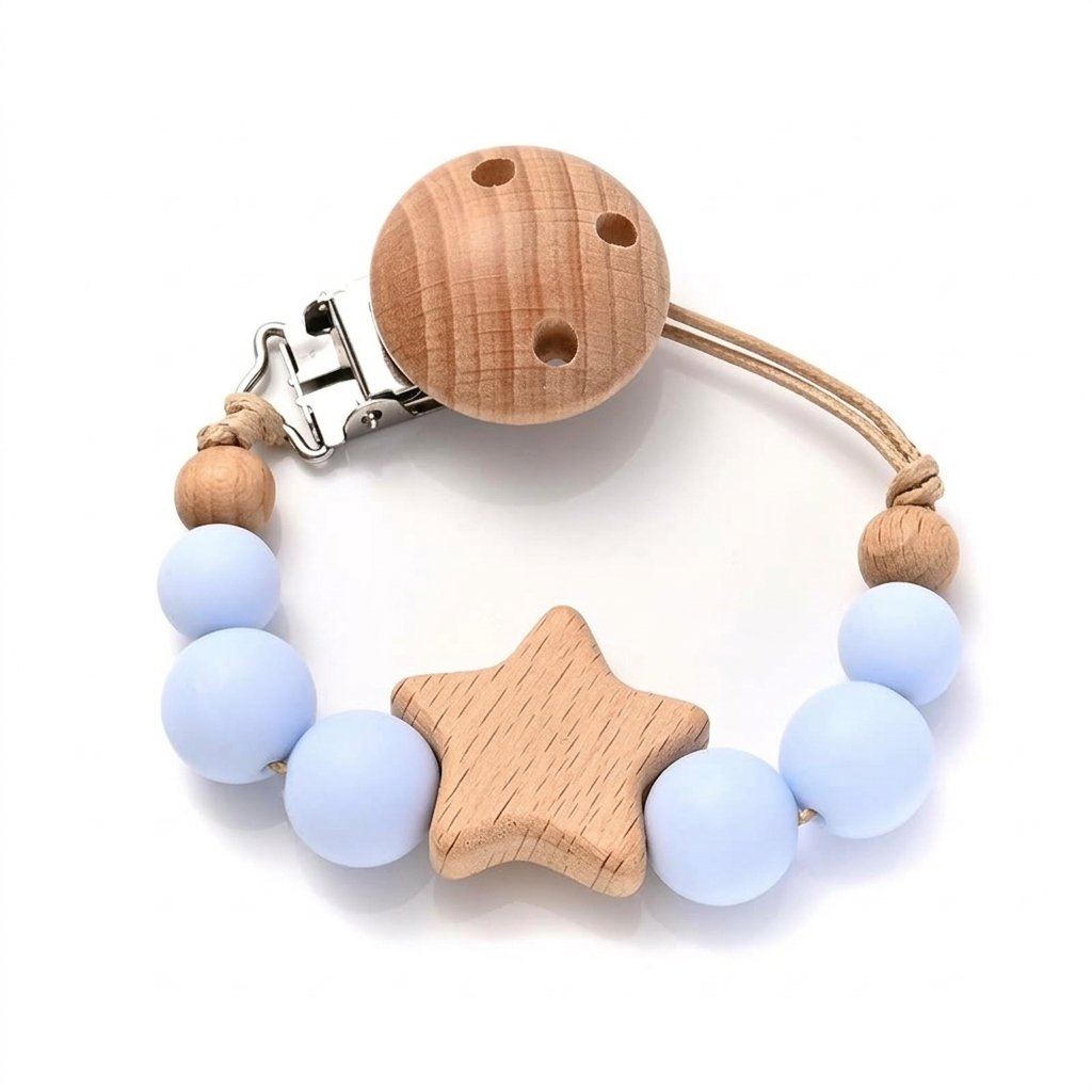 Attache-tétine perles bleu ciel et étoile en bois