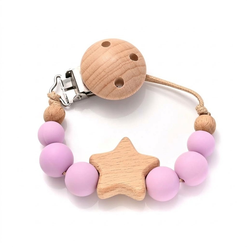 Attache-tétine perles lilas et étoile en bois