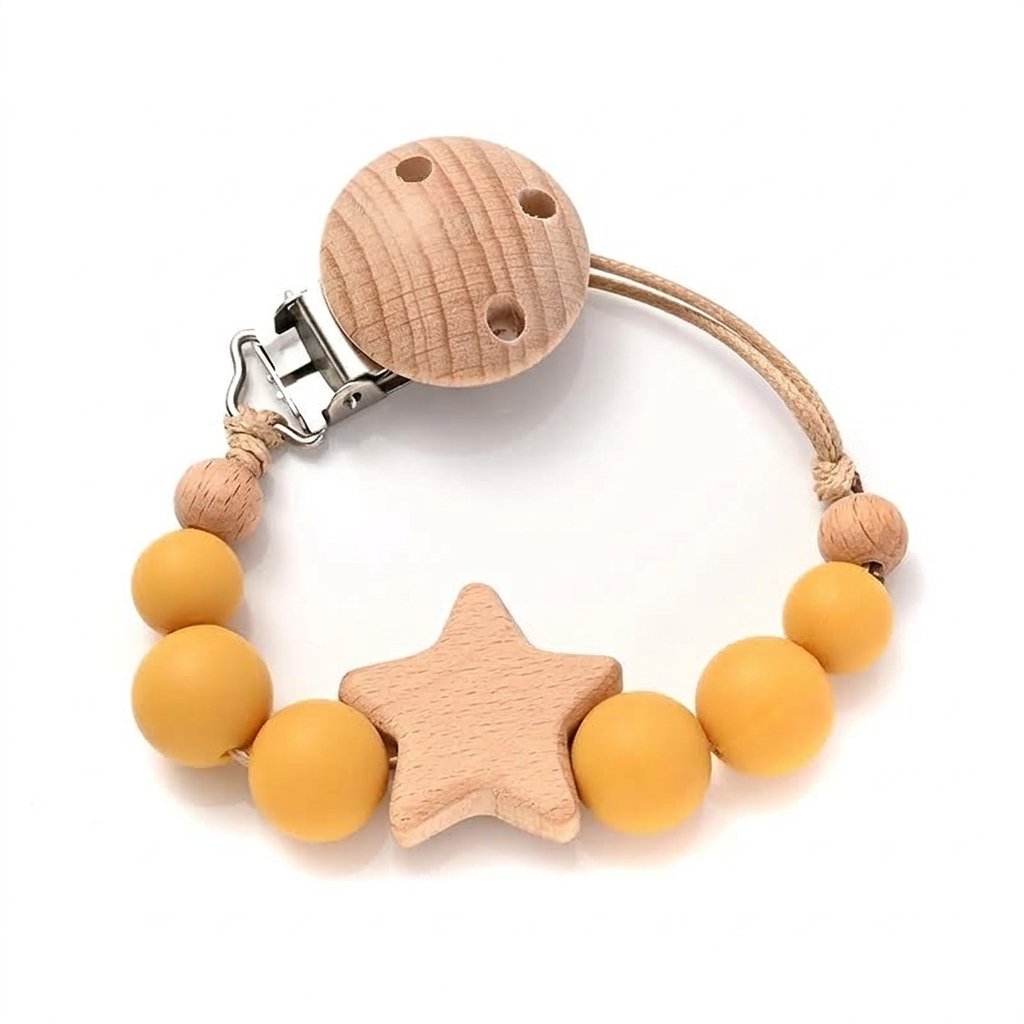 Attache-tétine perles moutarde et étoile en bois