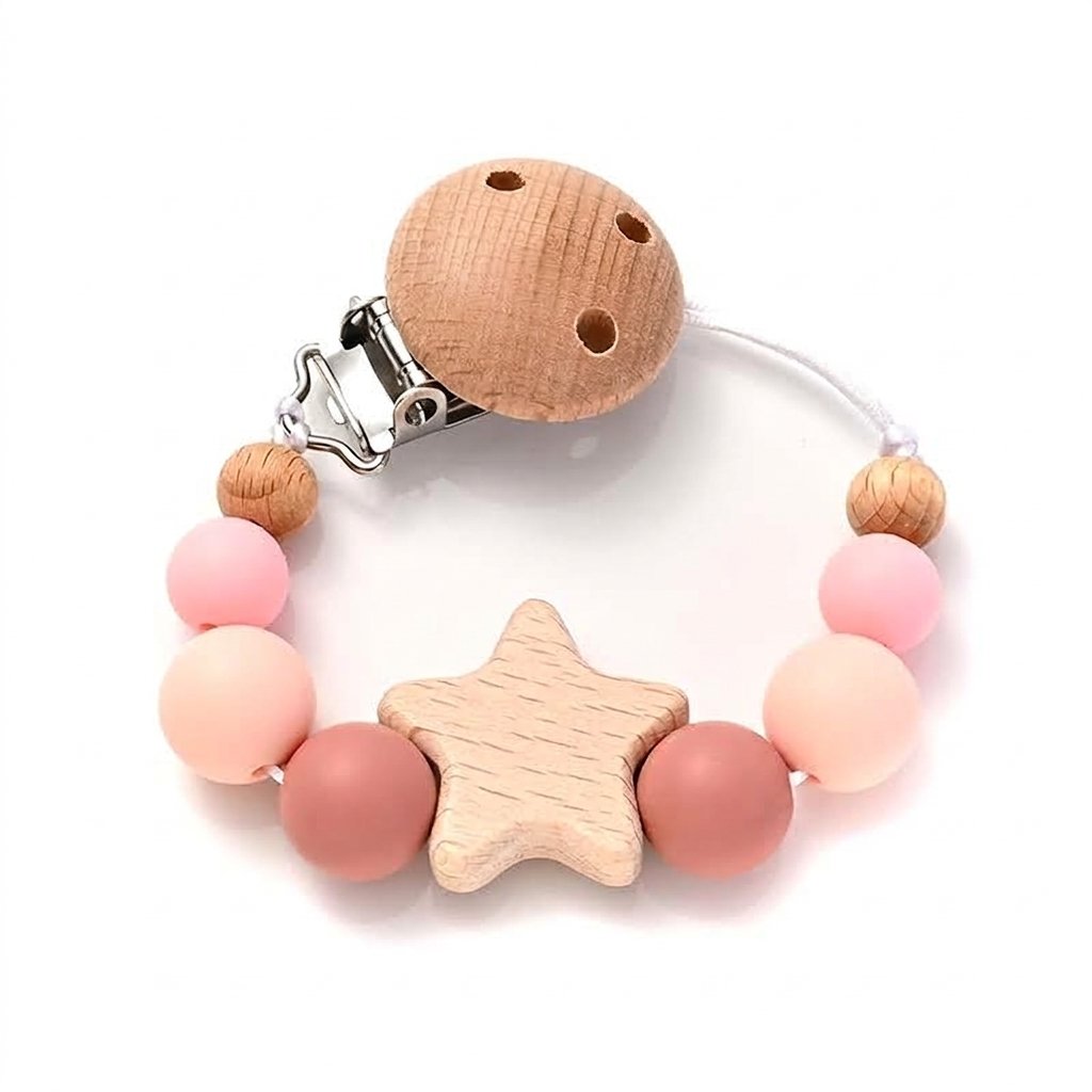 Attache-tétine perles rose poudré et étoile en bois