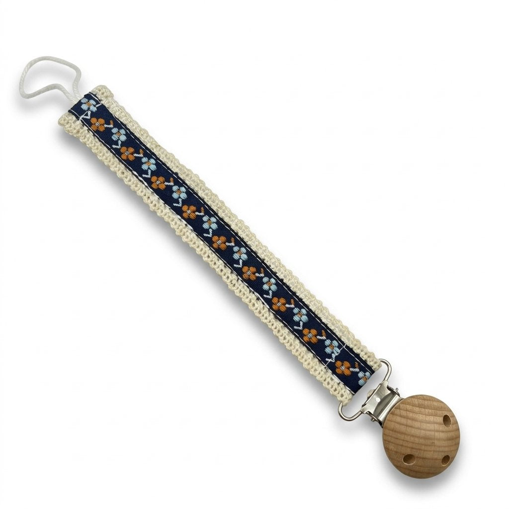 Attache-tétine ruban à fleurs bleu nuit