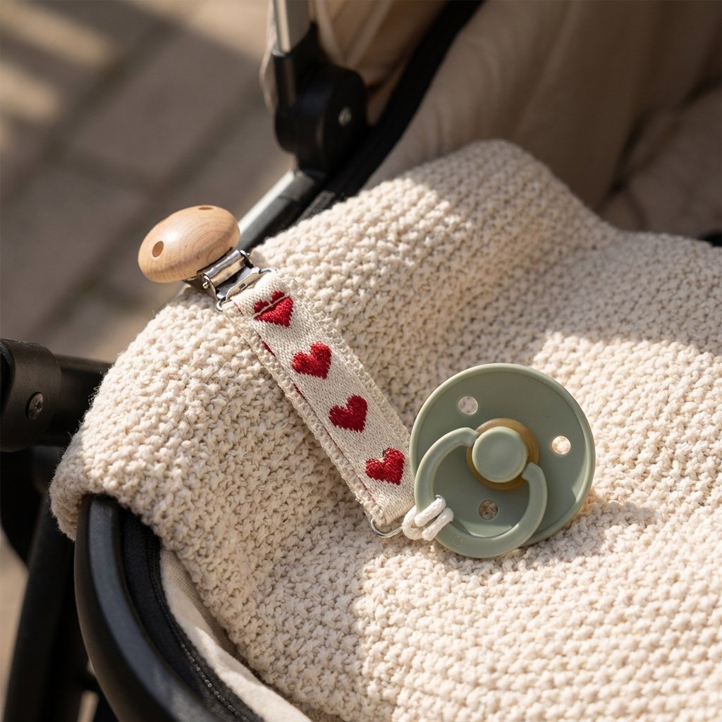 Attache-tétine clipsée sur une couverture de poussette