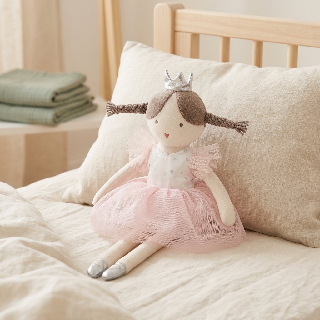 Poupée ballerine assise sur un lit en lin crème contre un oreiller Image