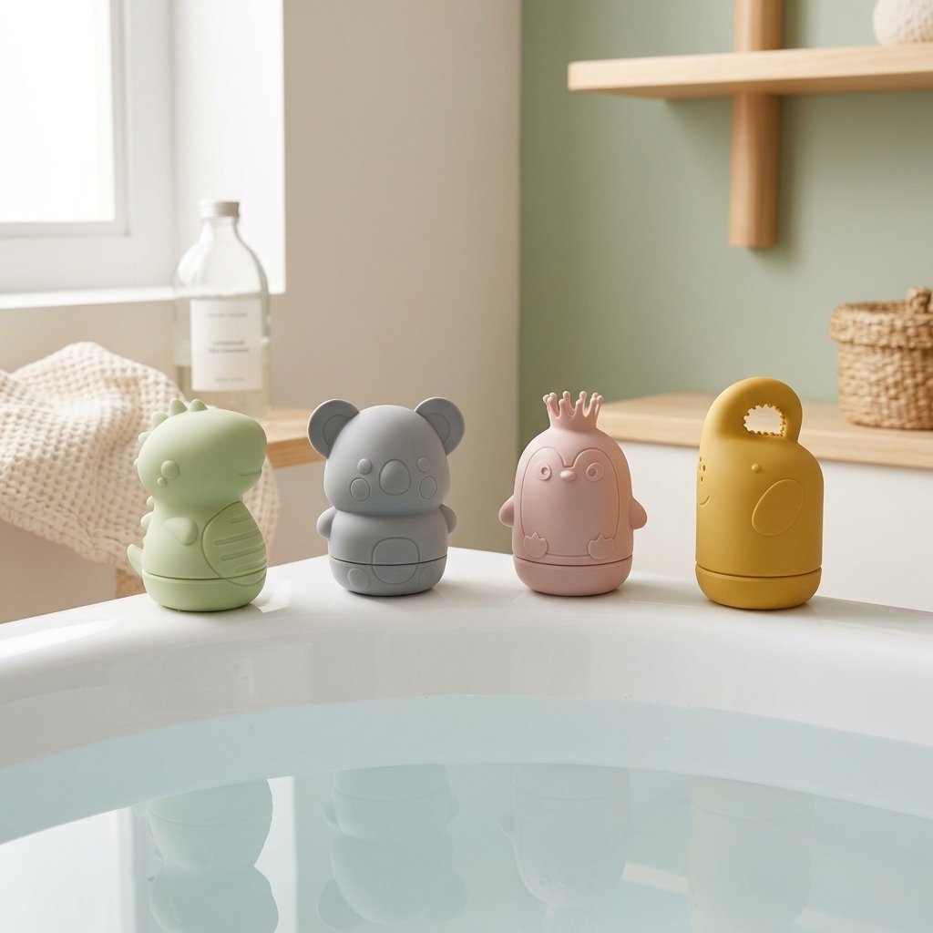 Jouets de bain posés sur le rebord de la baignoire
