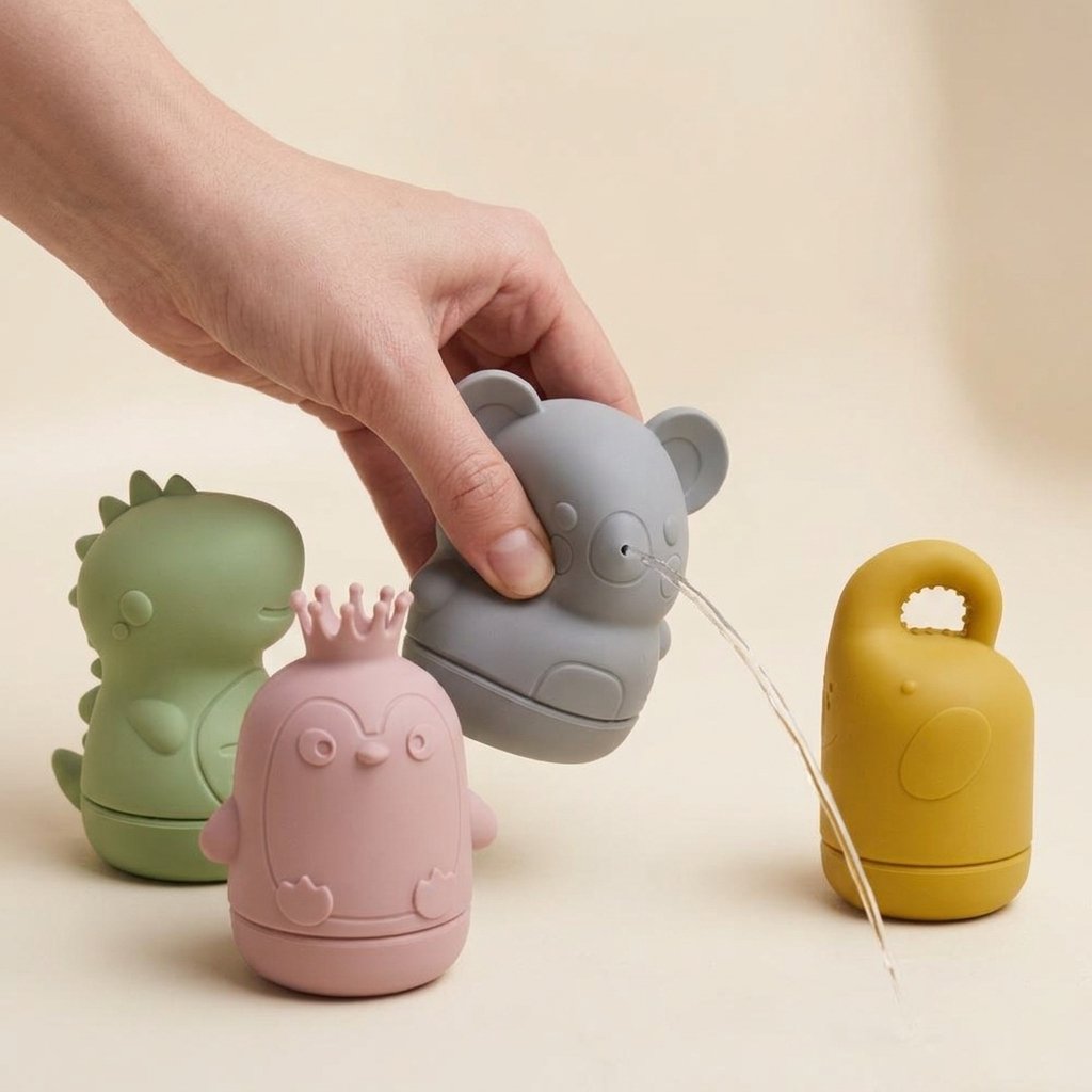 Main pressant le koala en silicone, un filet d'eau en sort