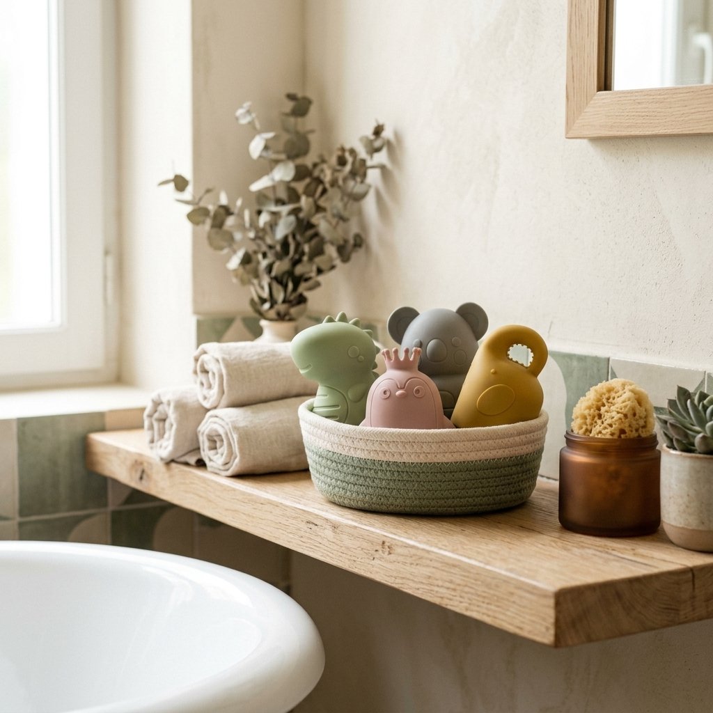 Jouets de bain dans un panier de salle de bain