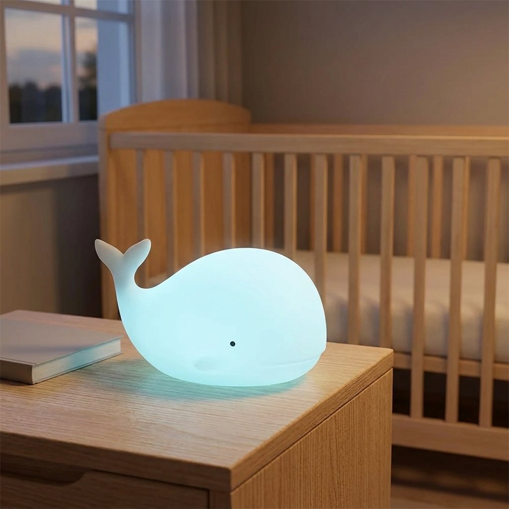 Veilleuse baleine allumée en bleu sur une table de chevet Image