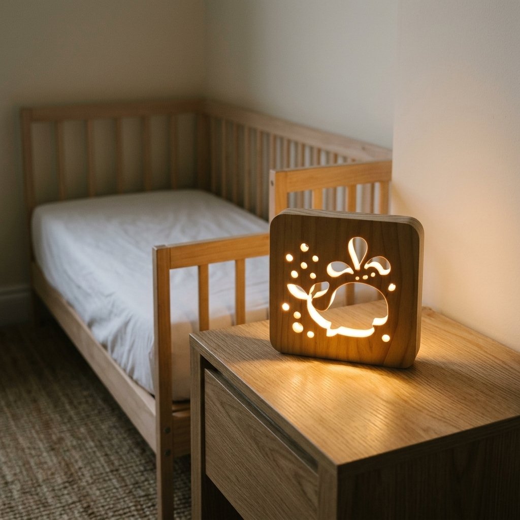 Lampe baleine allumée sur une table de chevet