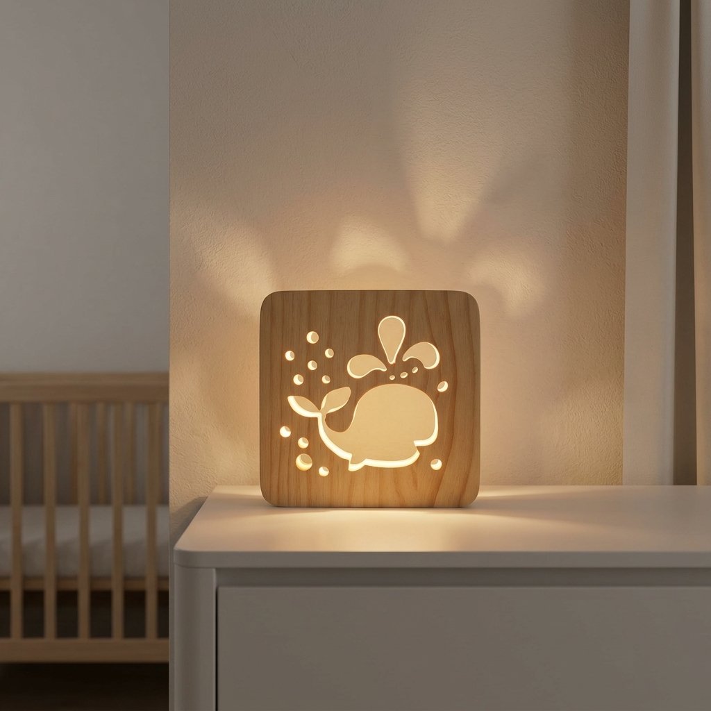 Lampe baleine allumée sur une commode blanche