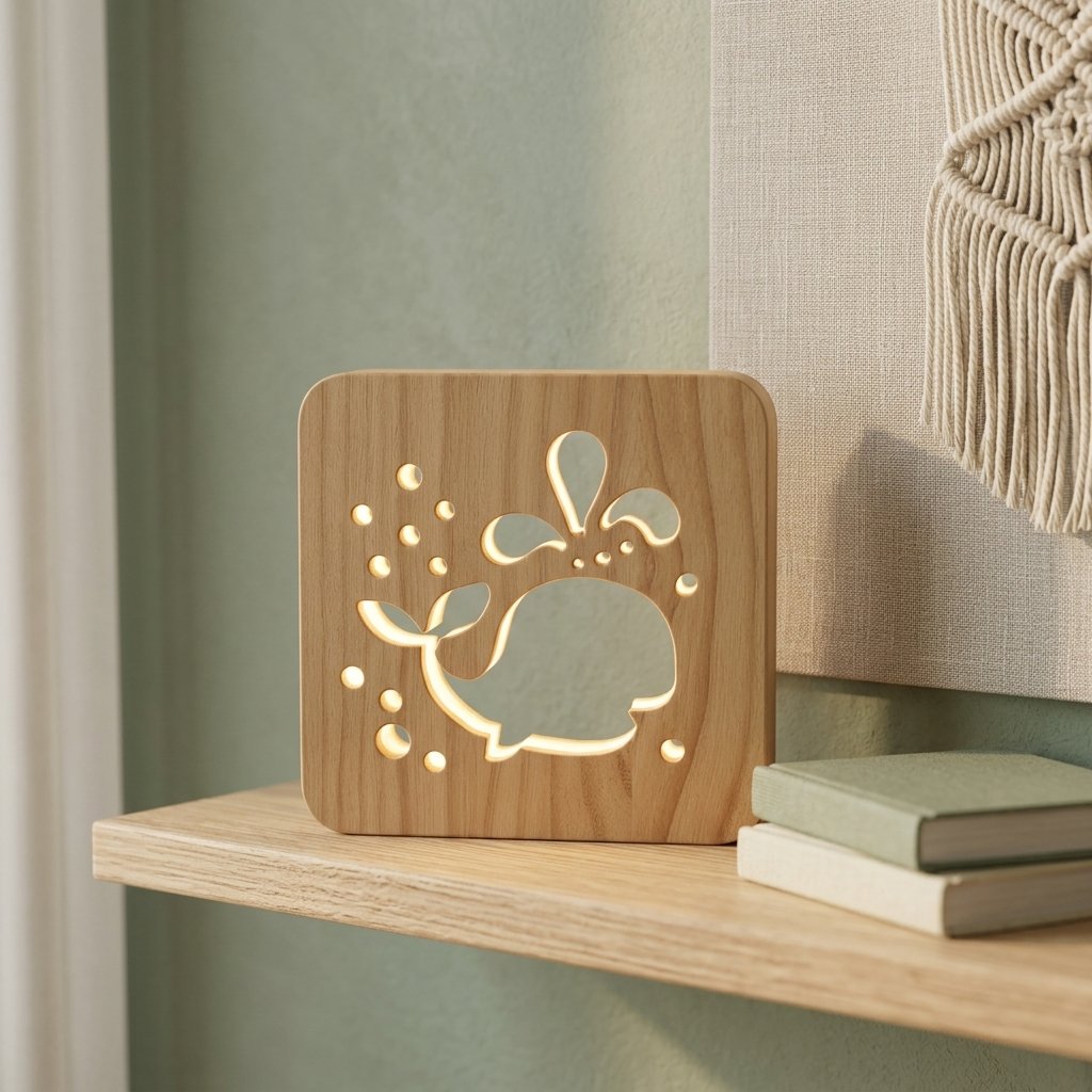 Lampe baleine sur une étagère murale en bois