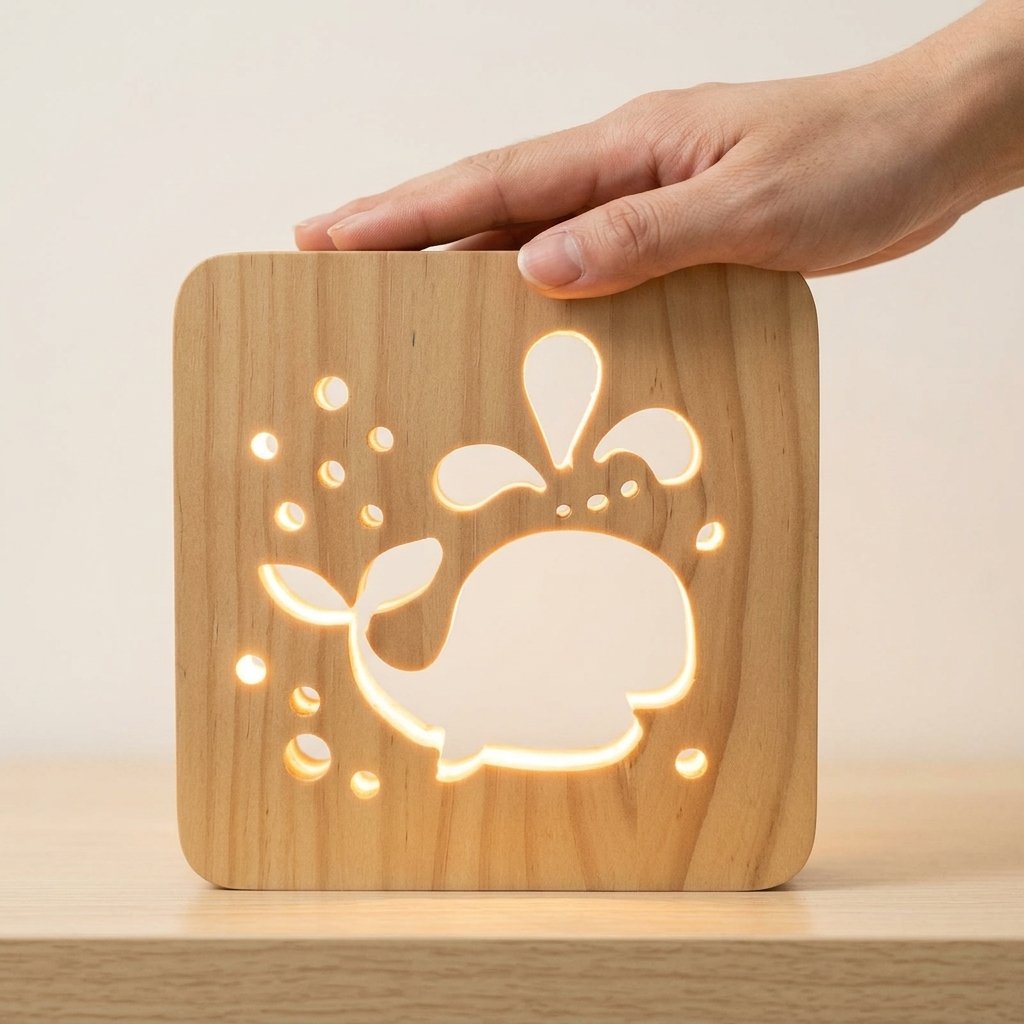 Main posant la lampe baleine sur un meuble
