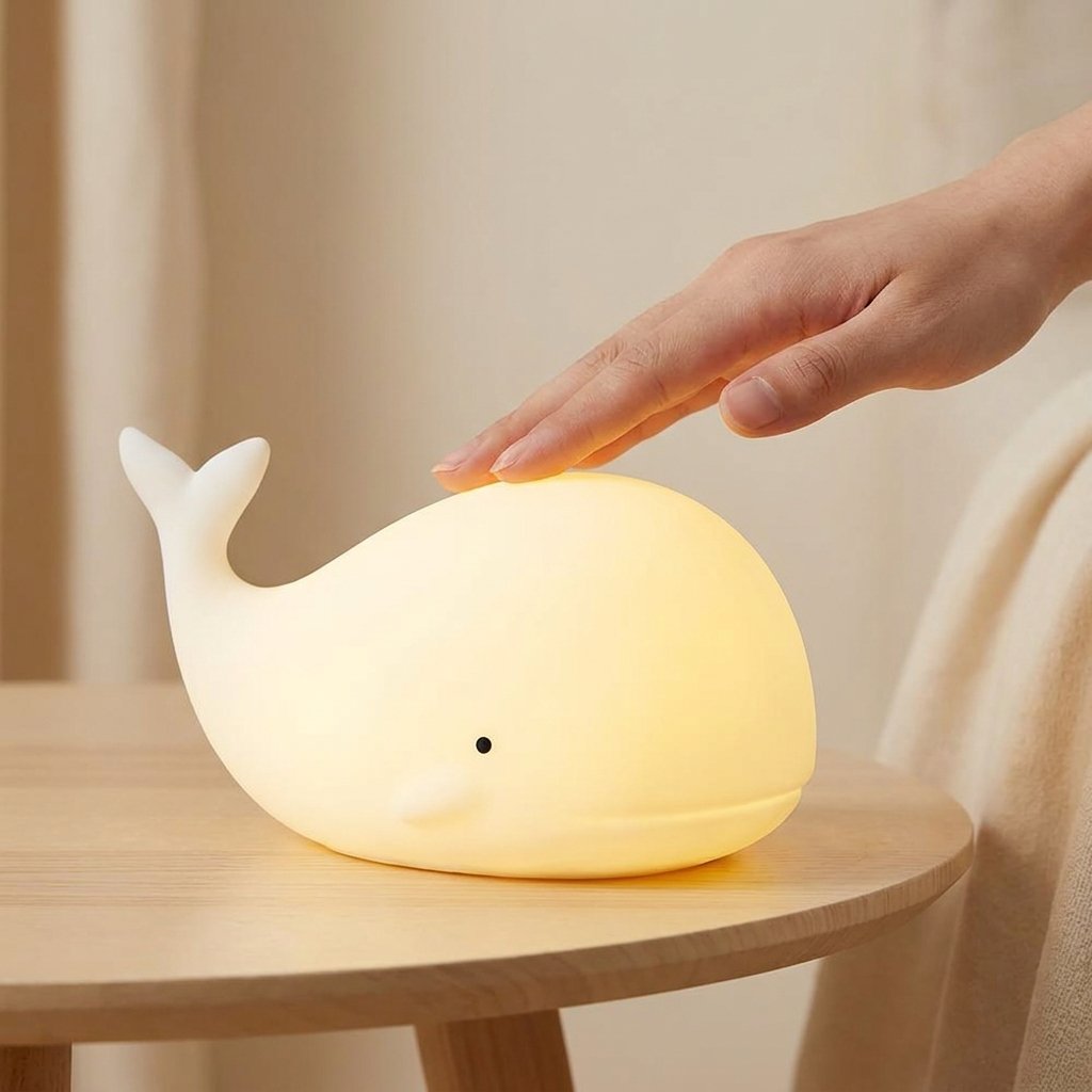 Main tapotant la veilleuse baleine pour l'allumer