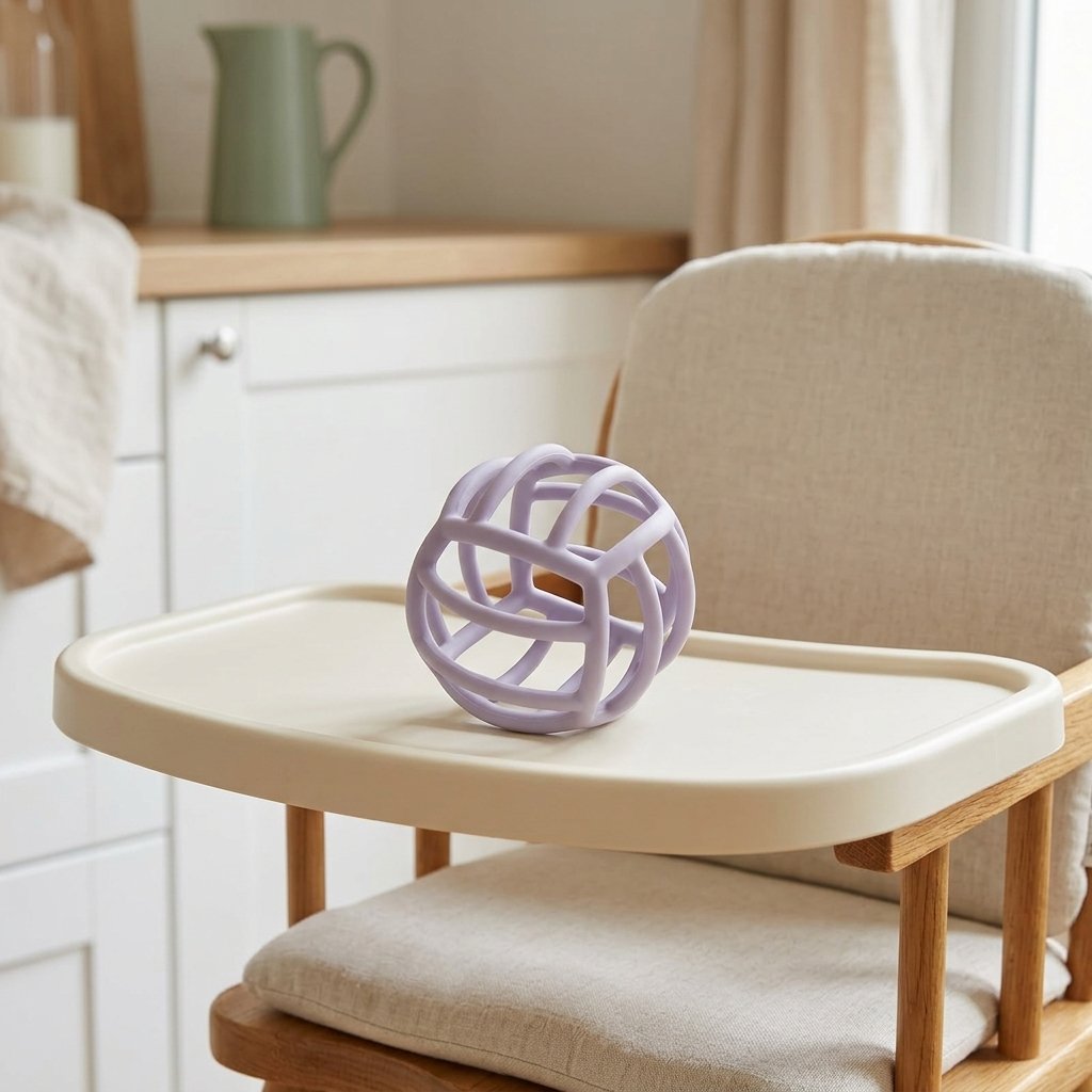 Balle sensorielle sur la tablette d'une chaise haute