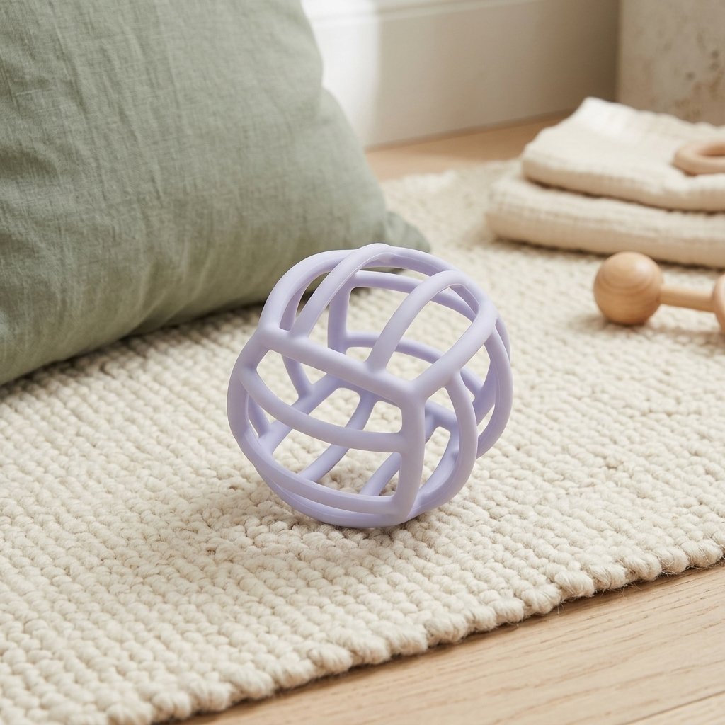 Balle sensorielle lilas sur un tapis crème