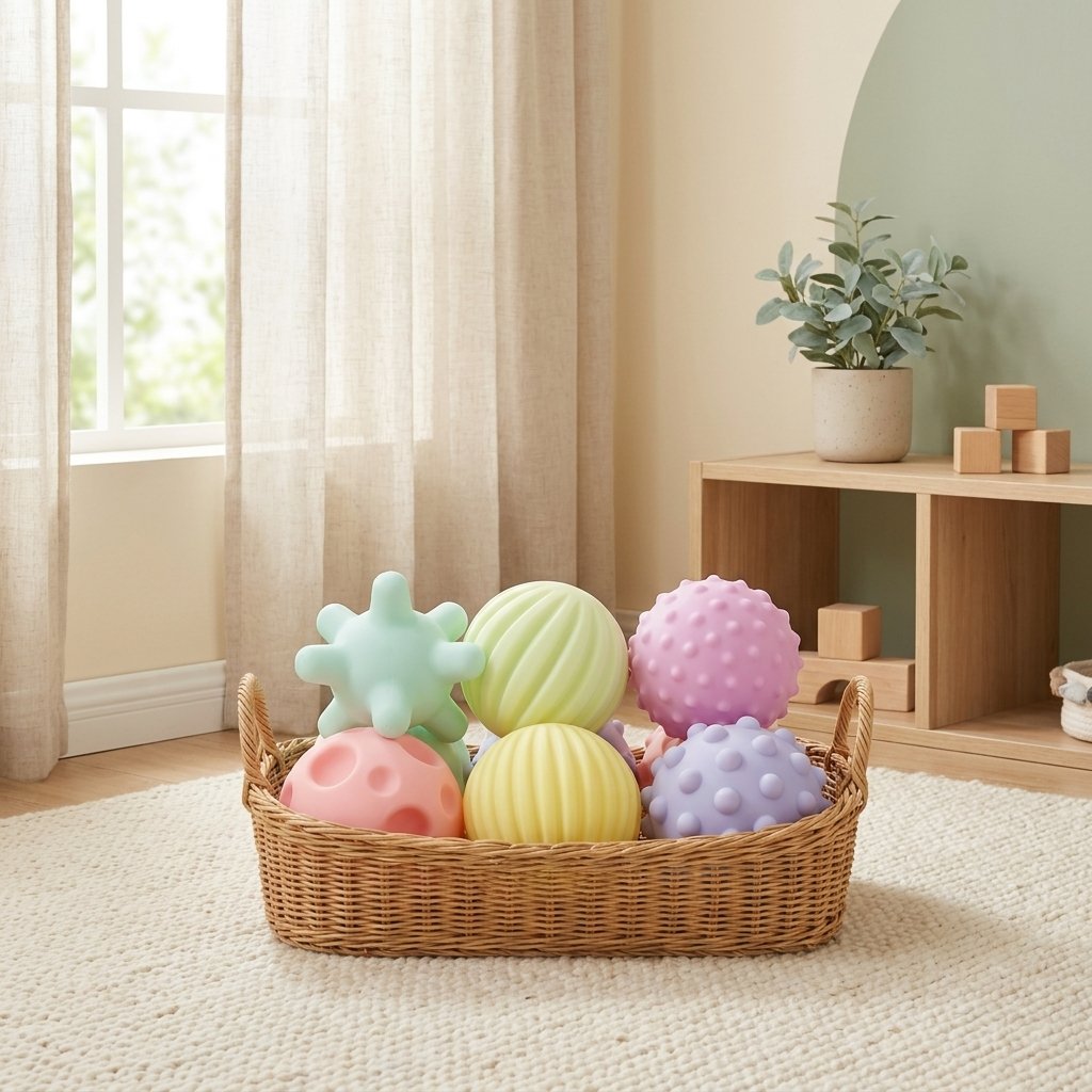Balles sensorielles pastel dans une corbeille en osier