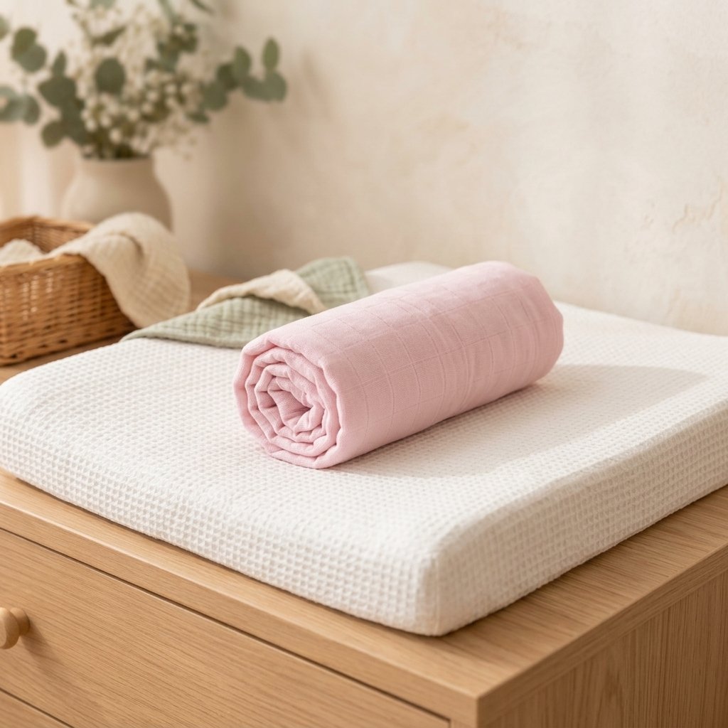 Lange bambou rose plié sur une commode à langer