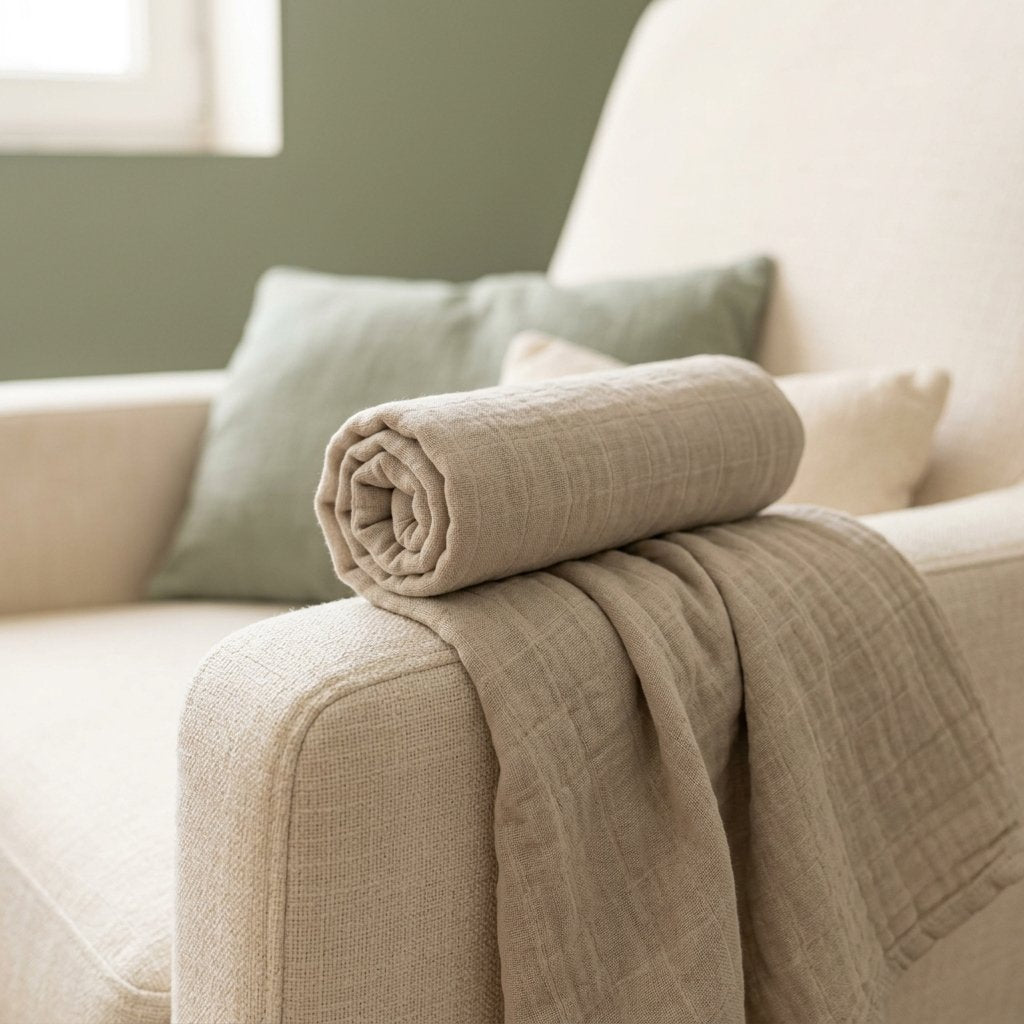 Lange bambou gris clair drapé sur un fauteuil d'allaitement