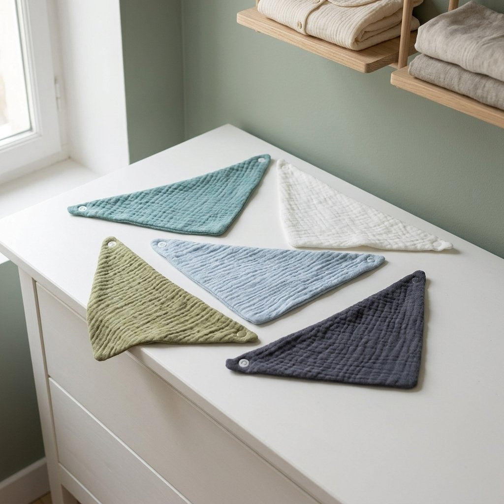 Bavoirs bandana pliés sur une commode
