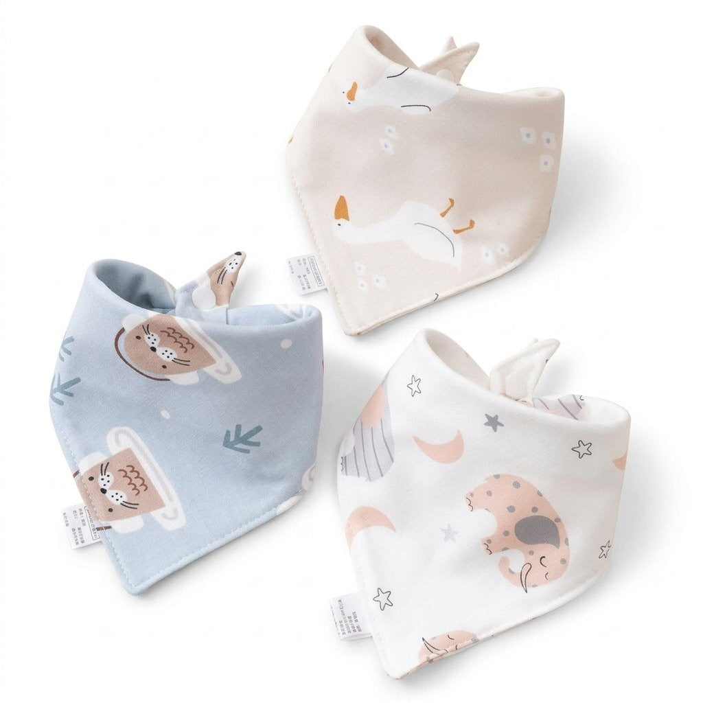 Trois bavoirs bandana bébé en coton, motifs bleus