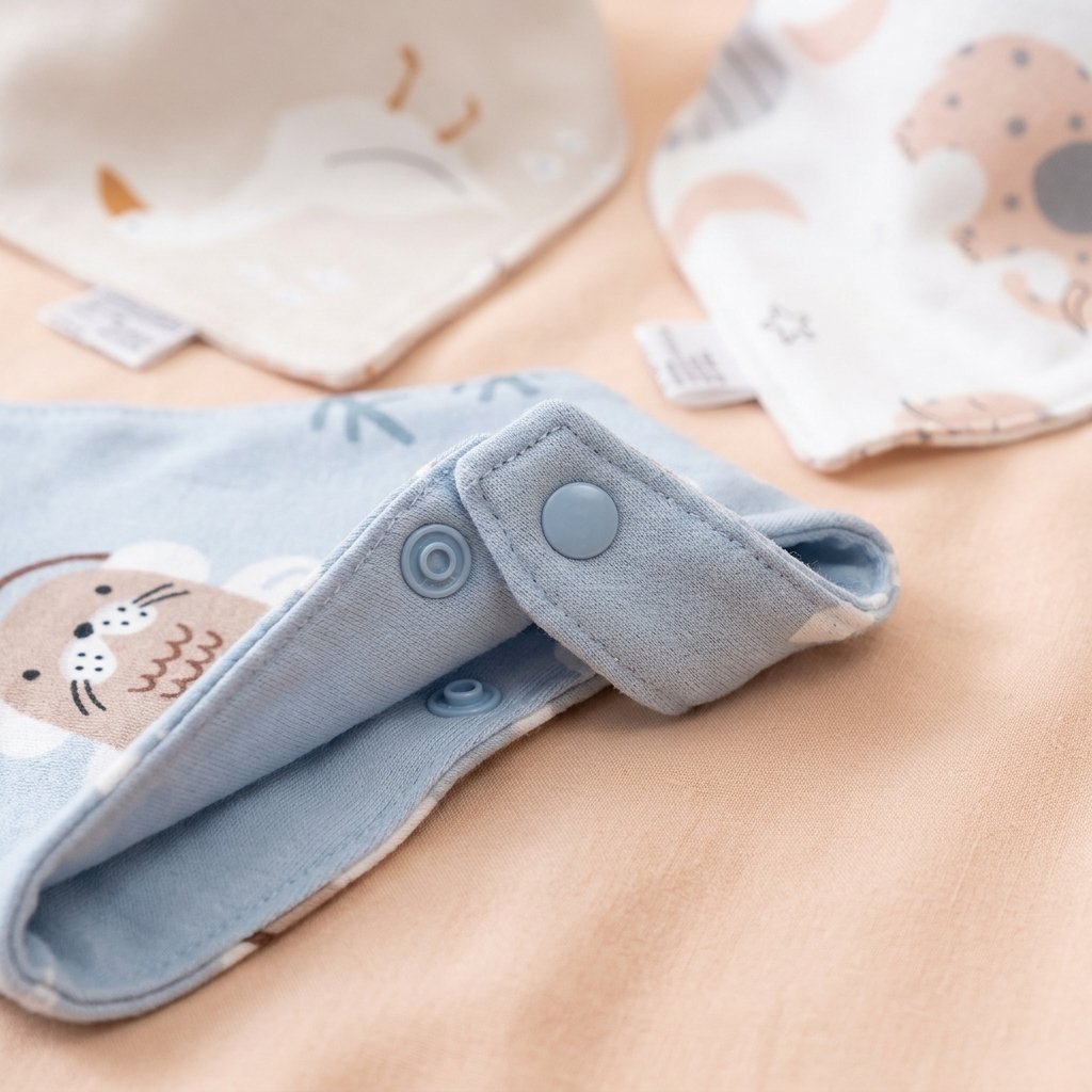 Détail des boutons-pressions d'un bavoir bandana