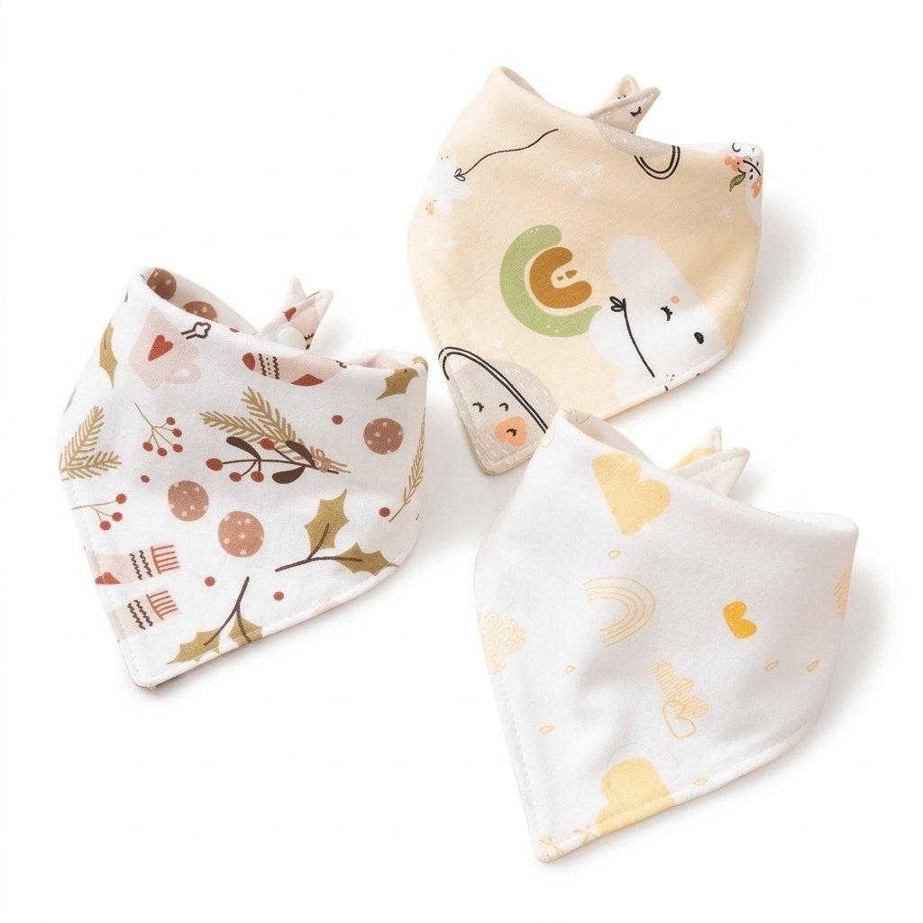 Trois bavoirs bandana bébé en coton, motifs fleurs et arc-en-ciel