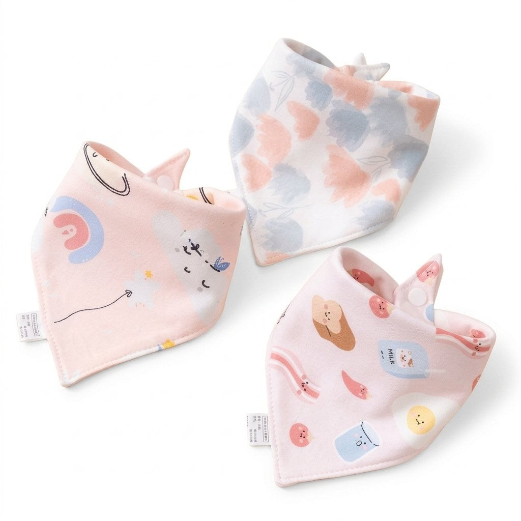 Trois bavoirs bandana bébé en coton, motifs roses