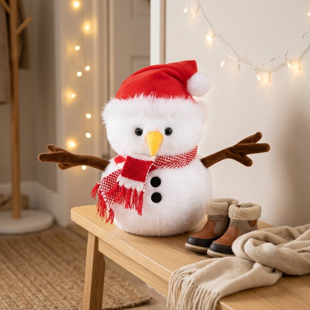 Peluche bonhomme de neige sur un banc à côté de bottes d'hiver