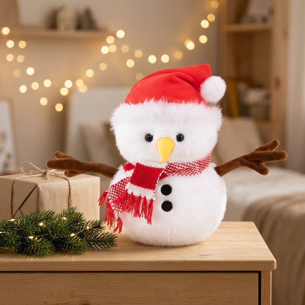 Peluche bonhomme de neige sur une commode en bois clair Image