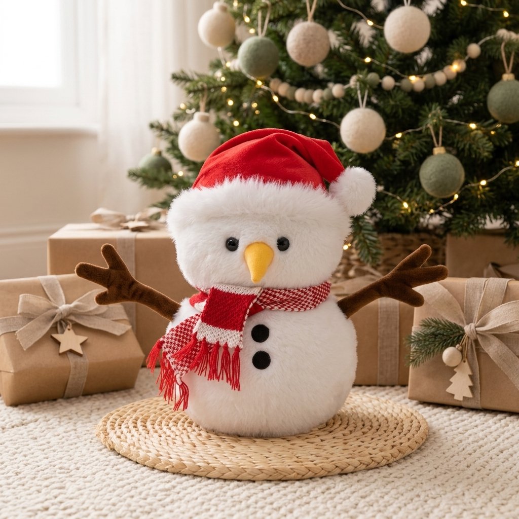 Peluche bonhomme de neige au pied d'un sapin de Noël
