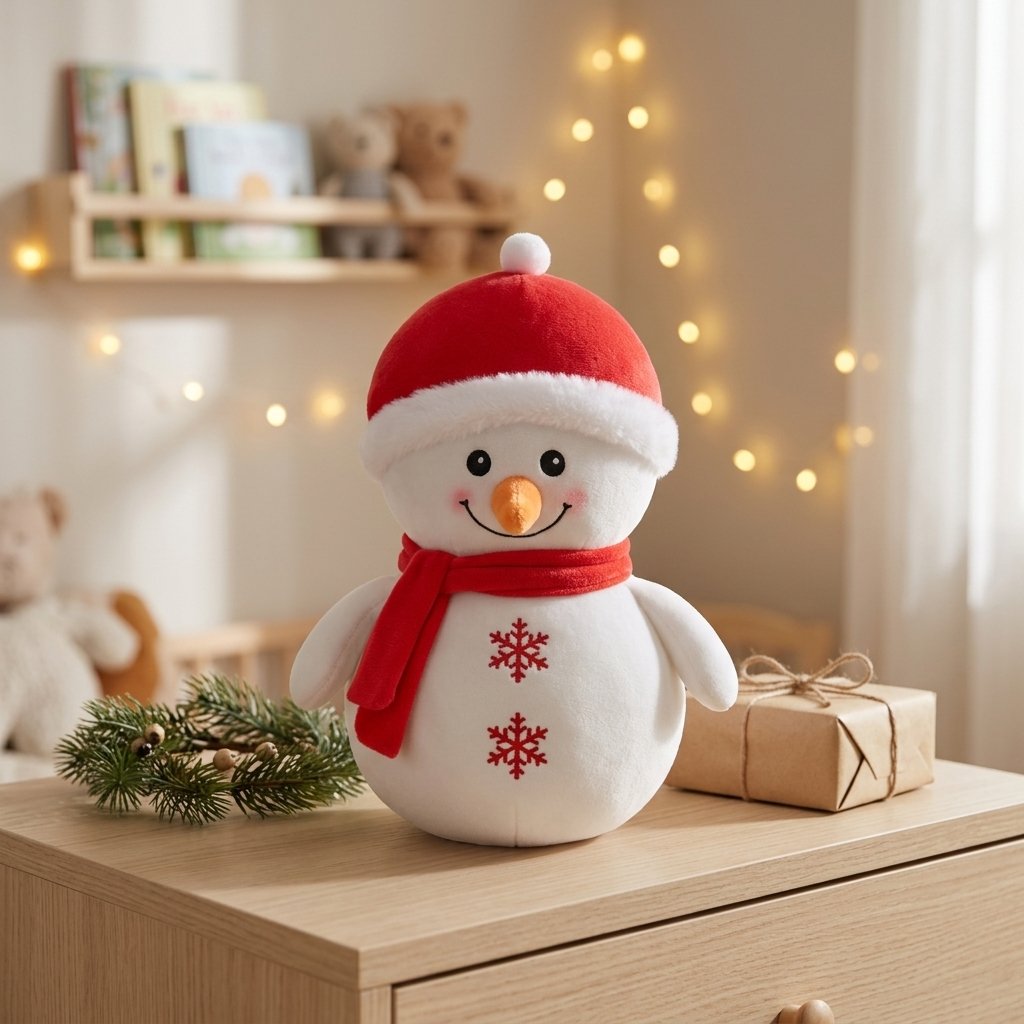 Petit bonhomme de neige en peluche sur une commode