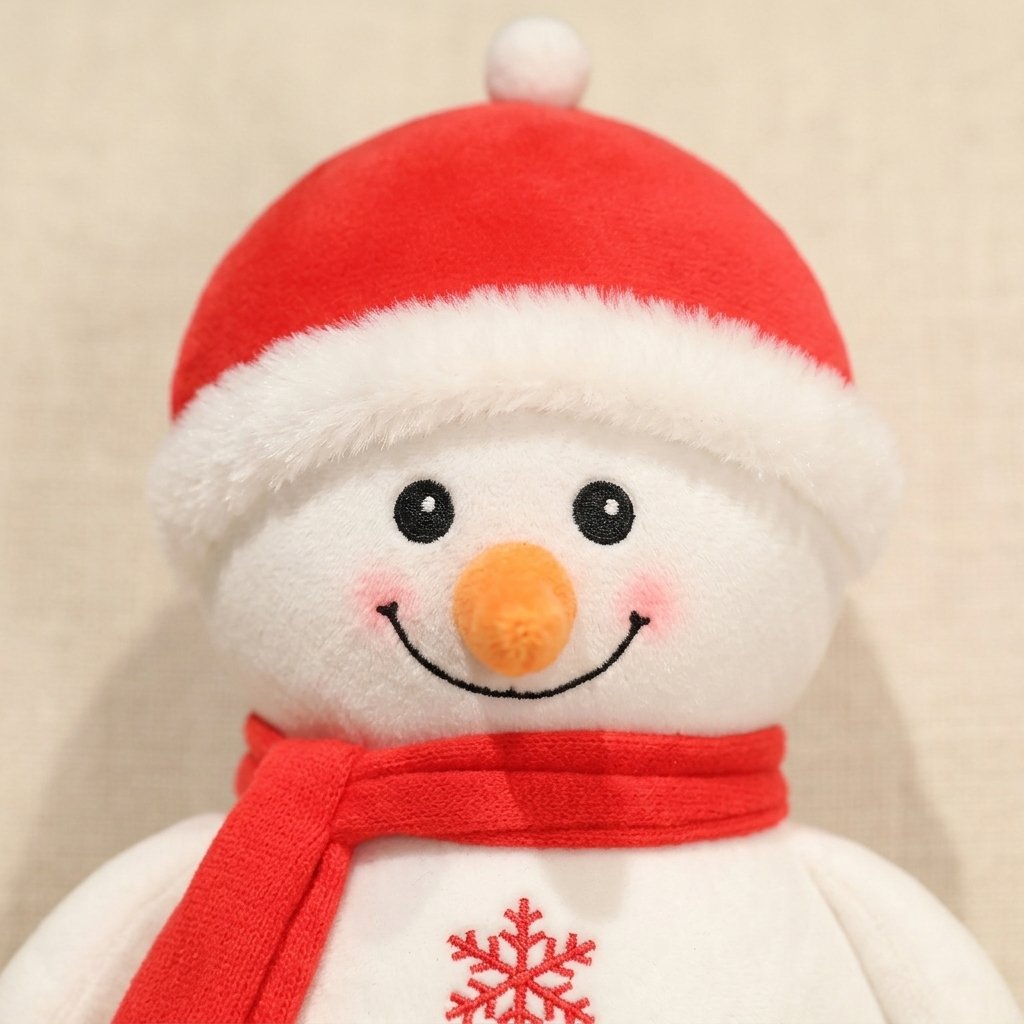 Détail du visage et du bonnet rouge du bonhomme de neige