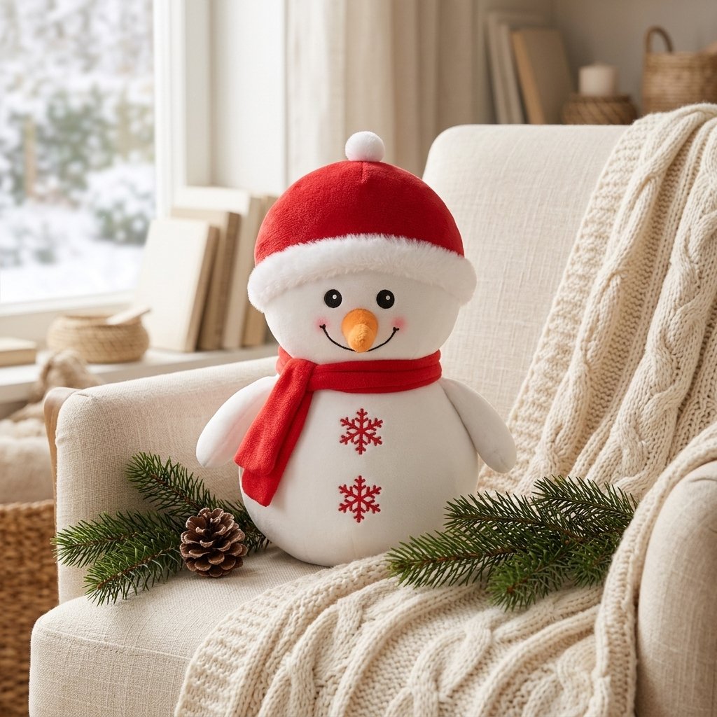 Petit bonhomme de neige en peluche dans un fauteuil