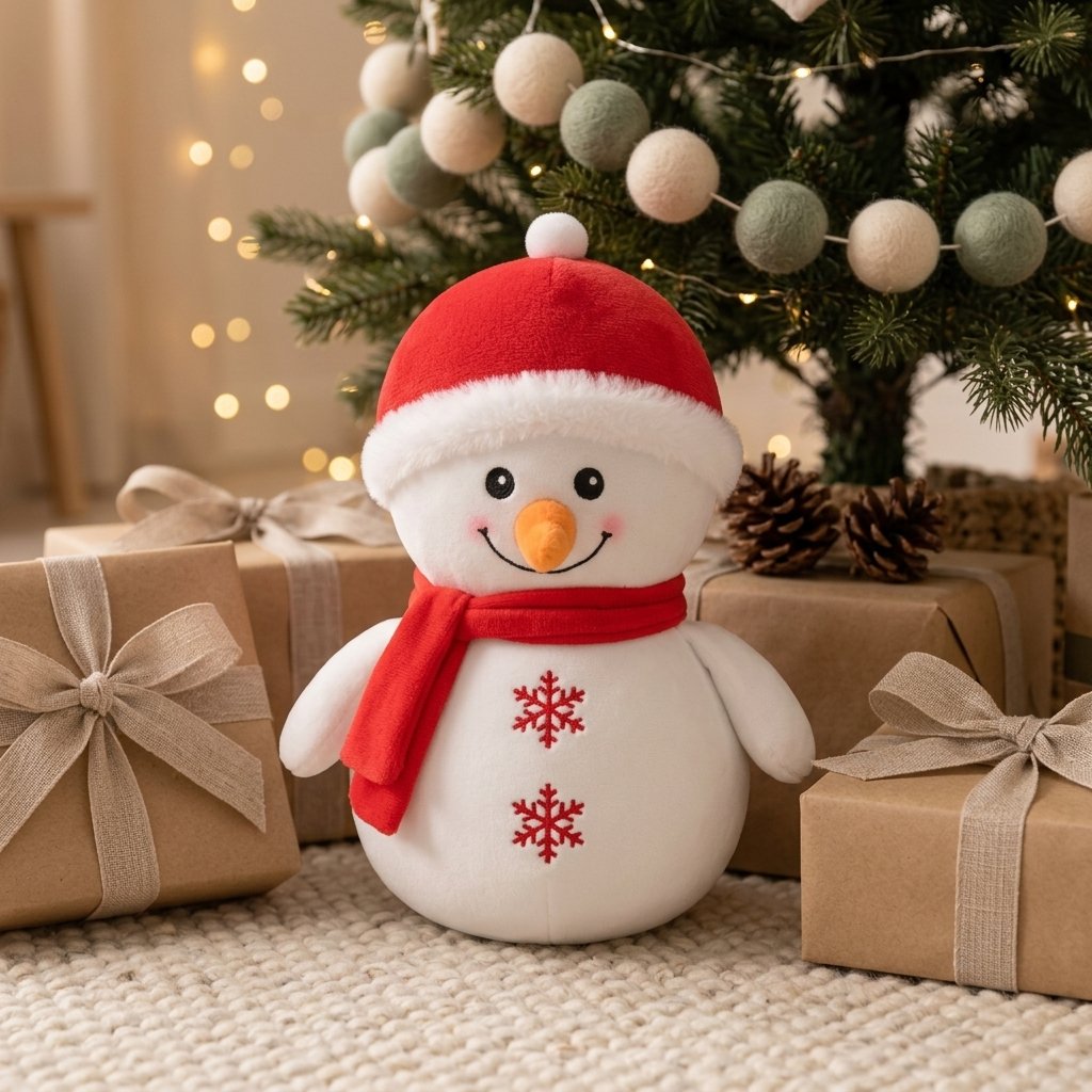 Petit bonhomme de neige en peluche sous un sapin de Noël Image