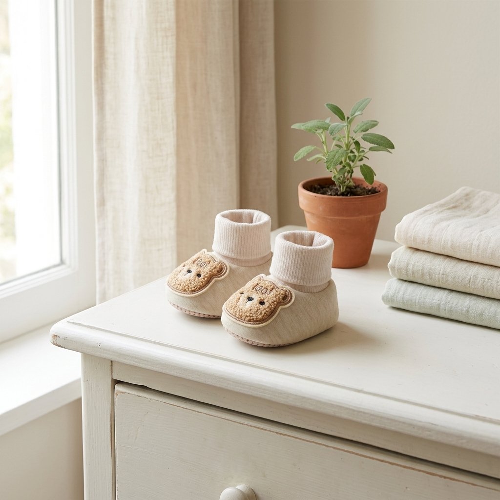 Chaussons bottines ourson posés sur une commode Image