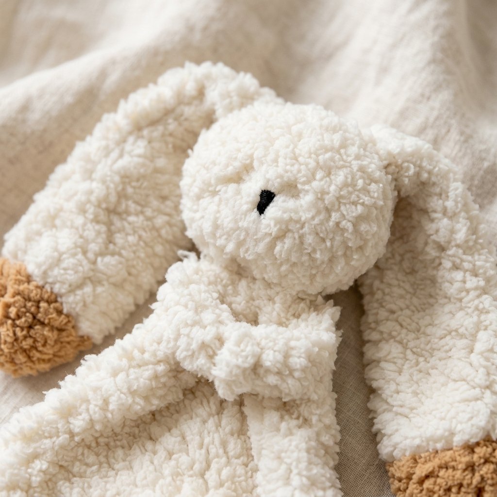 Détail de la bouclette et du nez brodé du doudou lapin