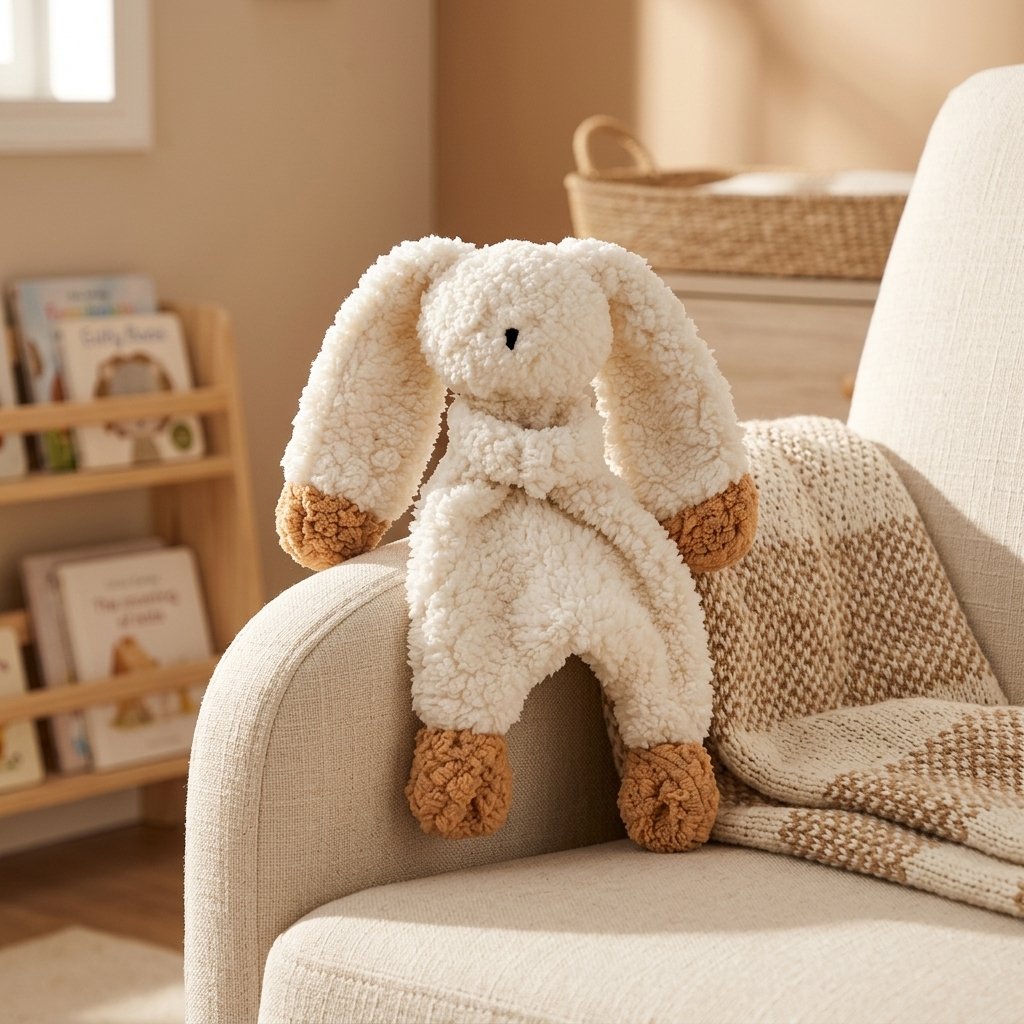 Doudou lapin en bouclette posé sur un fauteuil