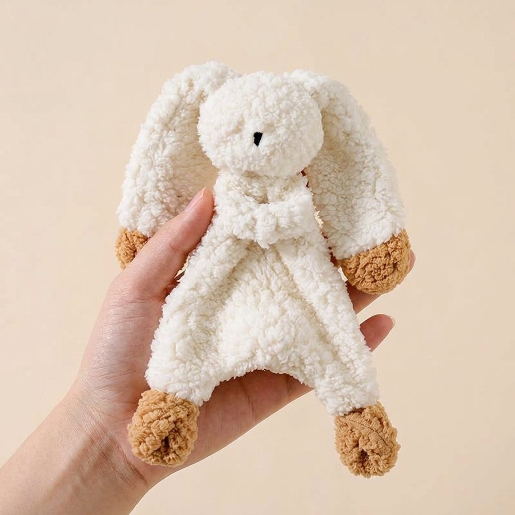 Doudou lapin VIOLETTE écru et caramel tenu dans la main