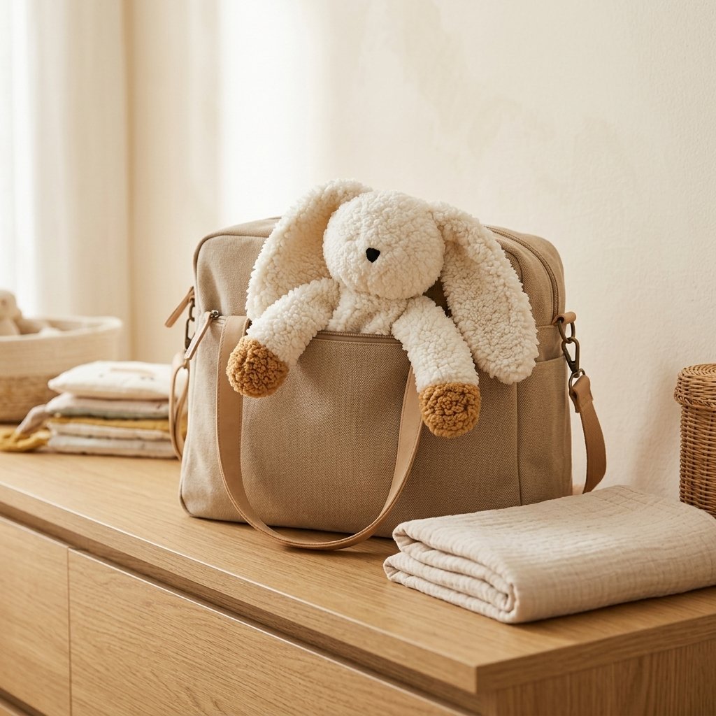 Doudou lapin en bouclette qui dépasse d'un sac à langer Image