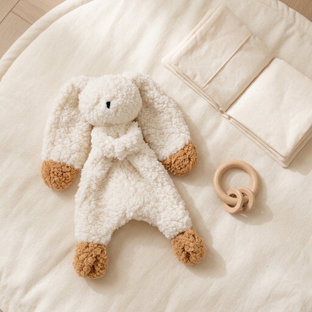 Doudou lapin en bouclette sur un tapis de jeu