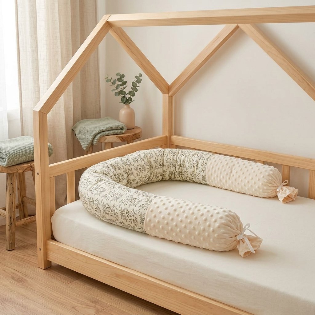Tour de lit boudin fleuri le long d'un lit cabane