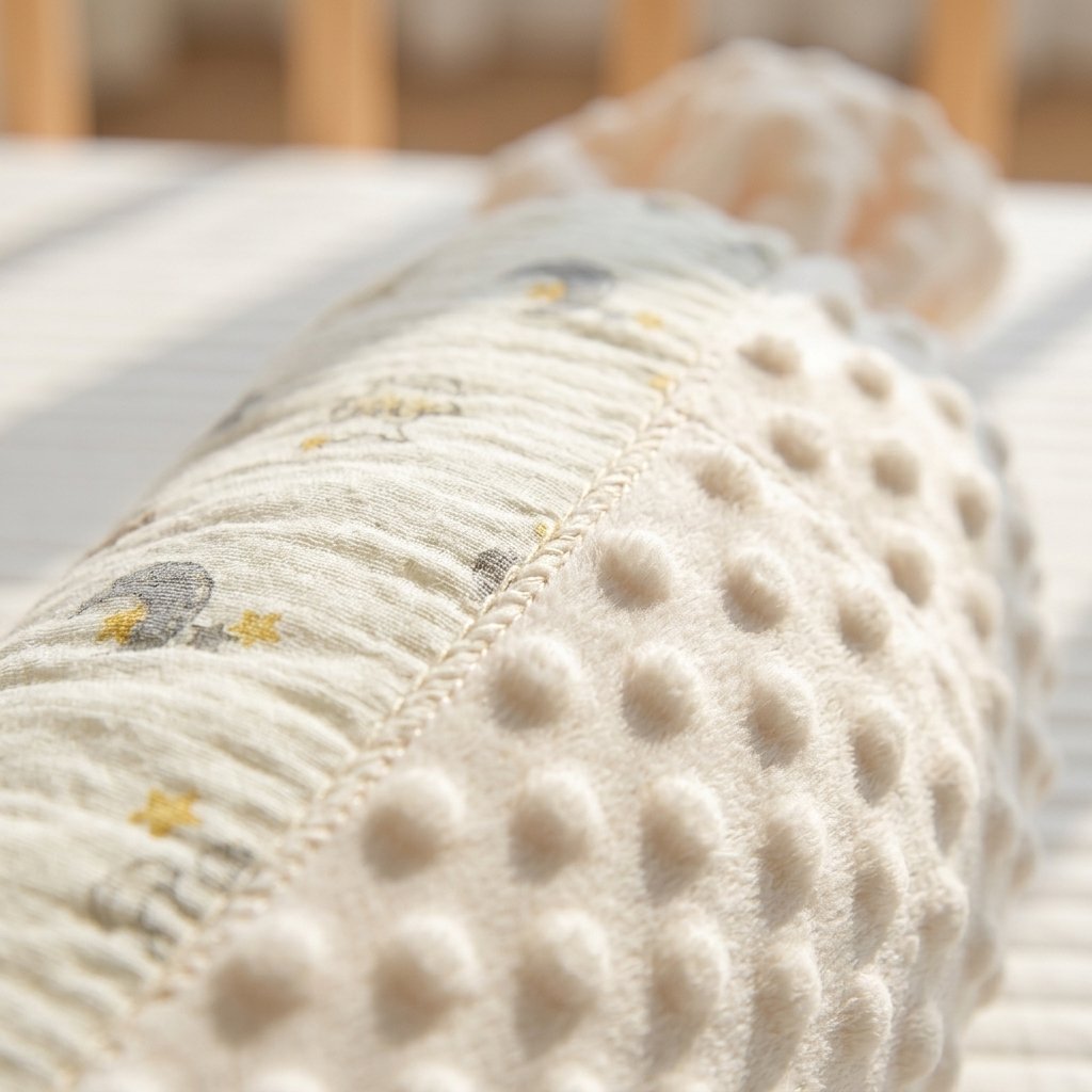 Détail du coton imprimé et du minky à pois du tour de lit boudin